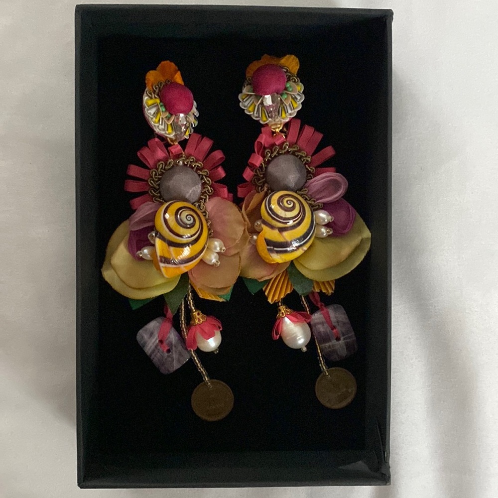 Ranjana khan clip on long flower and sea shell statement earrings
